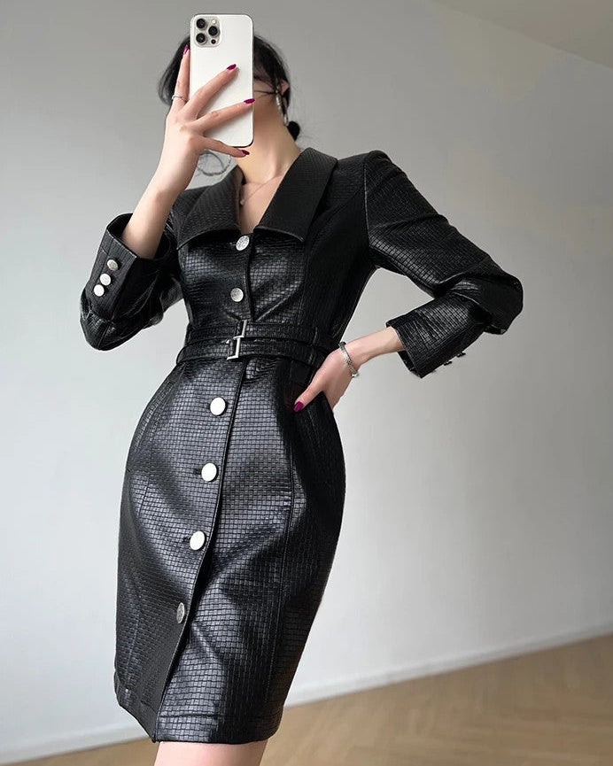 Noirella Belted Leather Dress