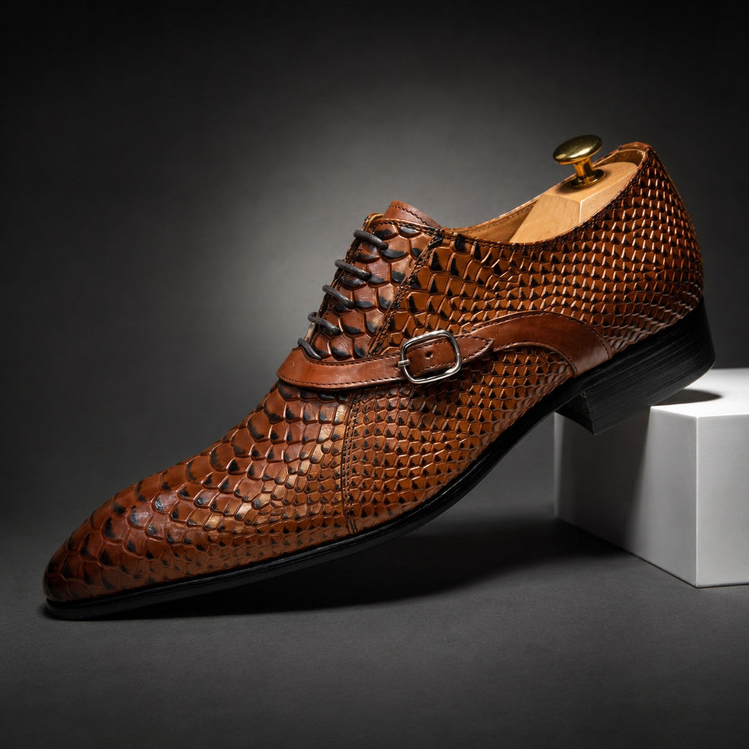 Serpente Python-Embossed Monk Shoes — ce_angle_01
