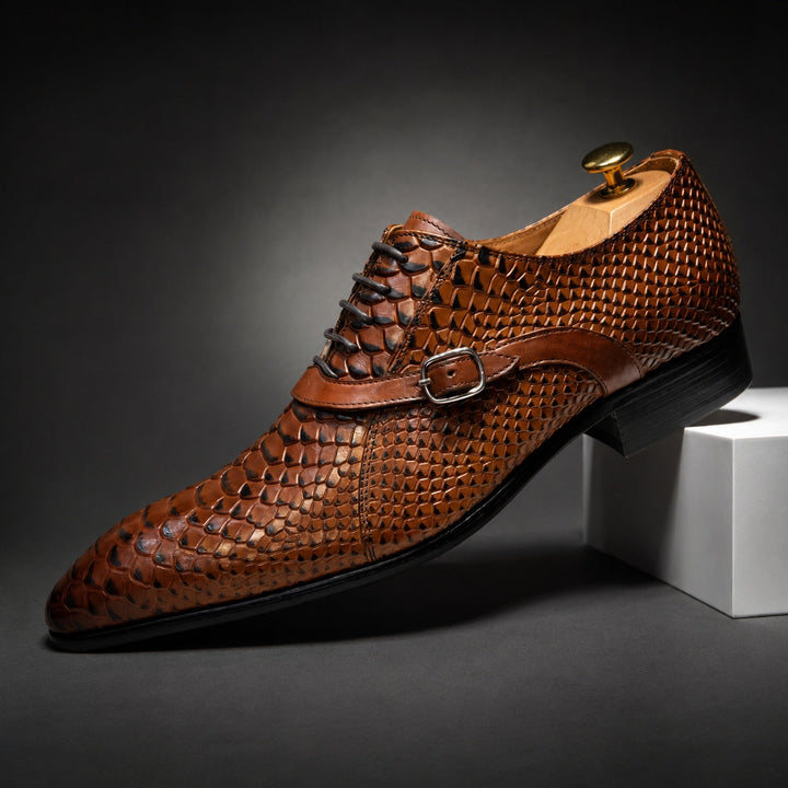 Serpente Python-Embossed Monk Shoes — ce_angle_01