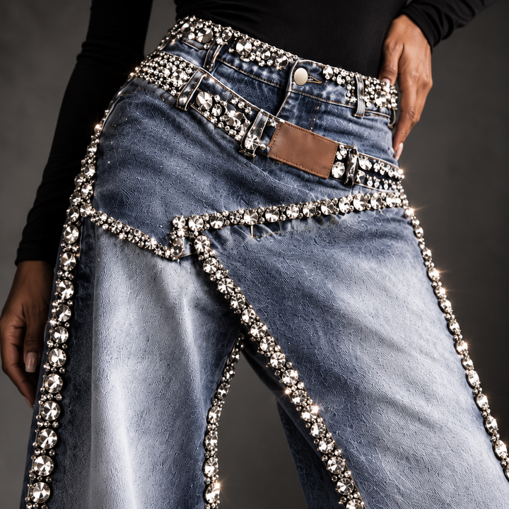Showgirl Rhinestone Wide-Leg Jeans