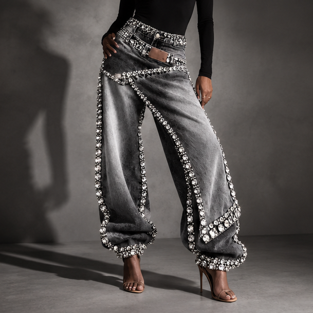 Showgirl Rhinestone Wide-Leg Jeans
