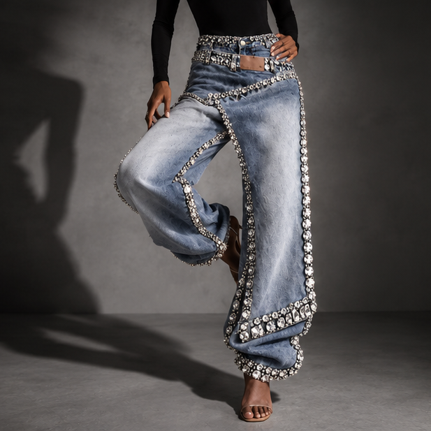 Showgirl Rhinestone Wide-Leg Jeans